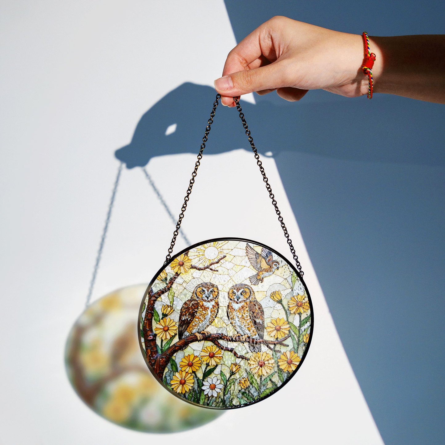 Two Owls on Flowering Branch Round Suncatcher Stained Glass Gift for Bird Lovers