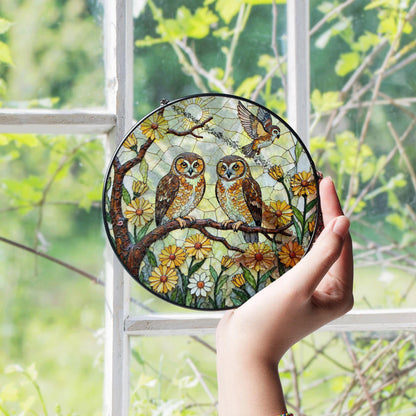 Two Owls on Flowering Branch Round Suncatcher Stained Glass Gift for Bird Lovers