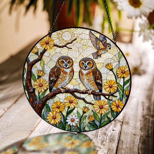 Two Owls on Flowering Branch Round Suncatcher Stained Glass Gift for Bird Lovers