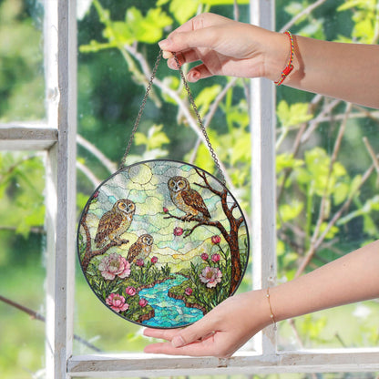 Three owls on branches forest creek scene stained glass suncatcher woodland window decor gift for grandma