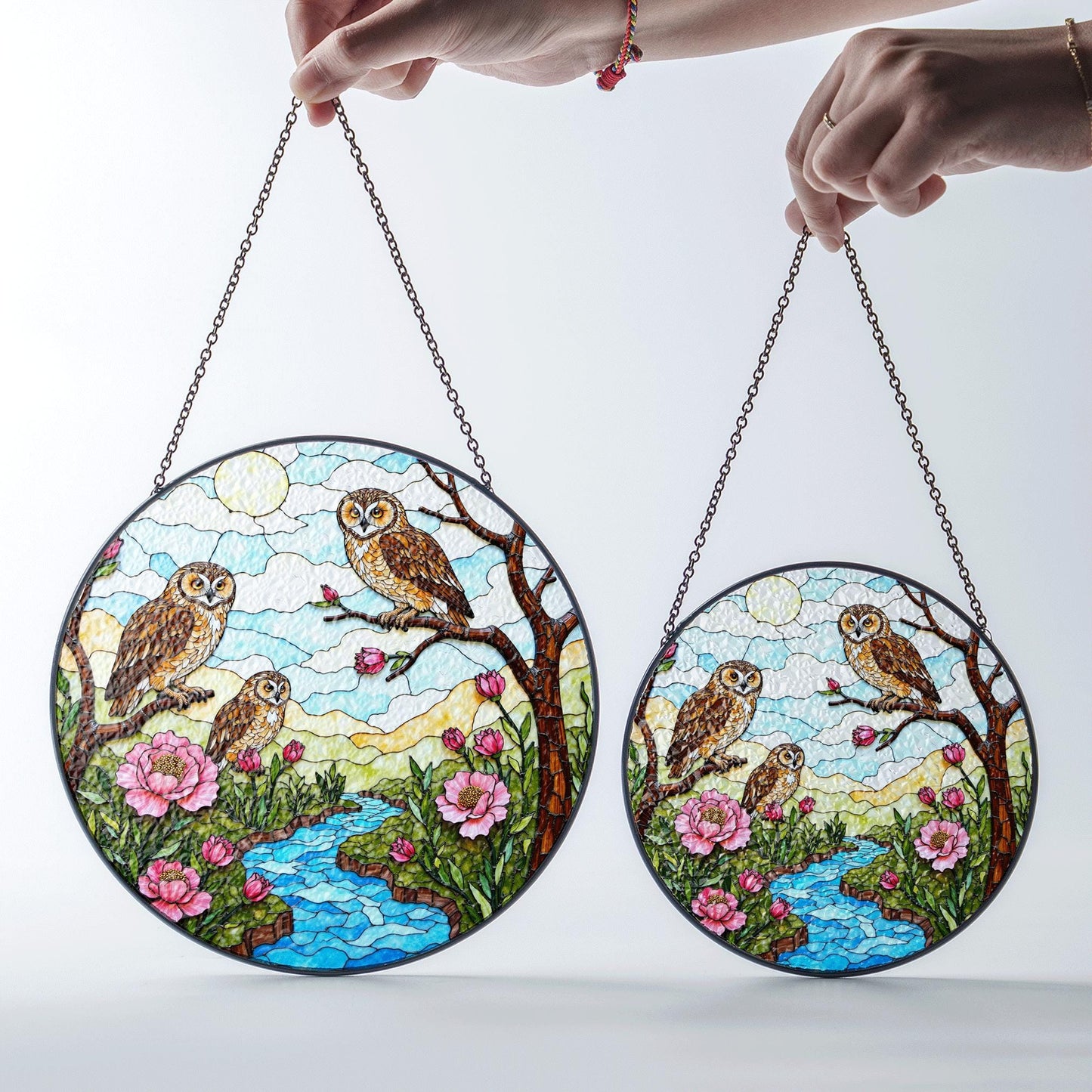 Three owls on branches forest creek scene stained glass suncatcher woodland window decor gift for grandma