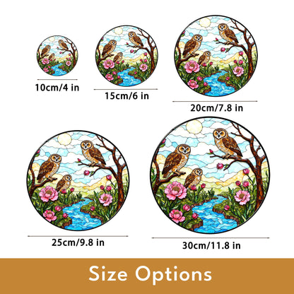 Three owls on branches forest creek scene stained glass suncatcher woodland window decor gift for grandma