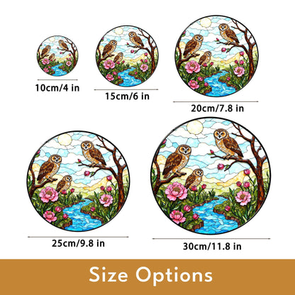 Three owls on branches forest creek scene stained glass suncatcher woodland window decor gift for grandma