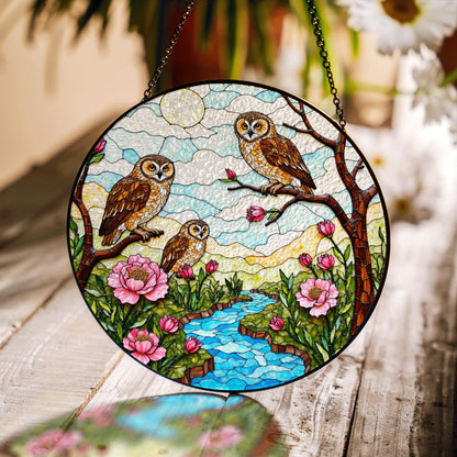 Three owls on branches forest creek scene stained glass suncatcher woodland window decor gift for grandma
