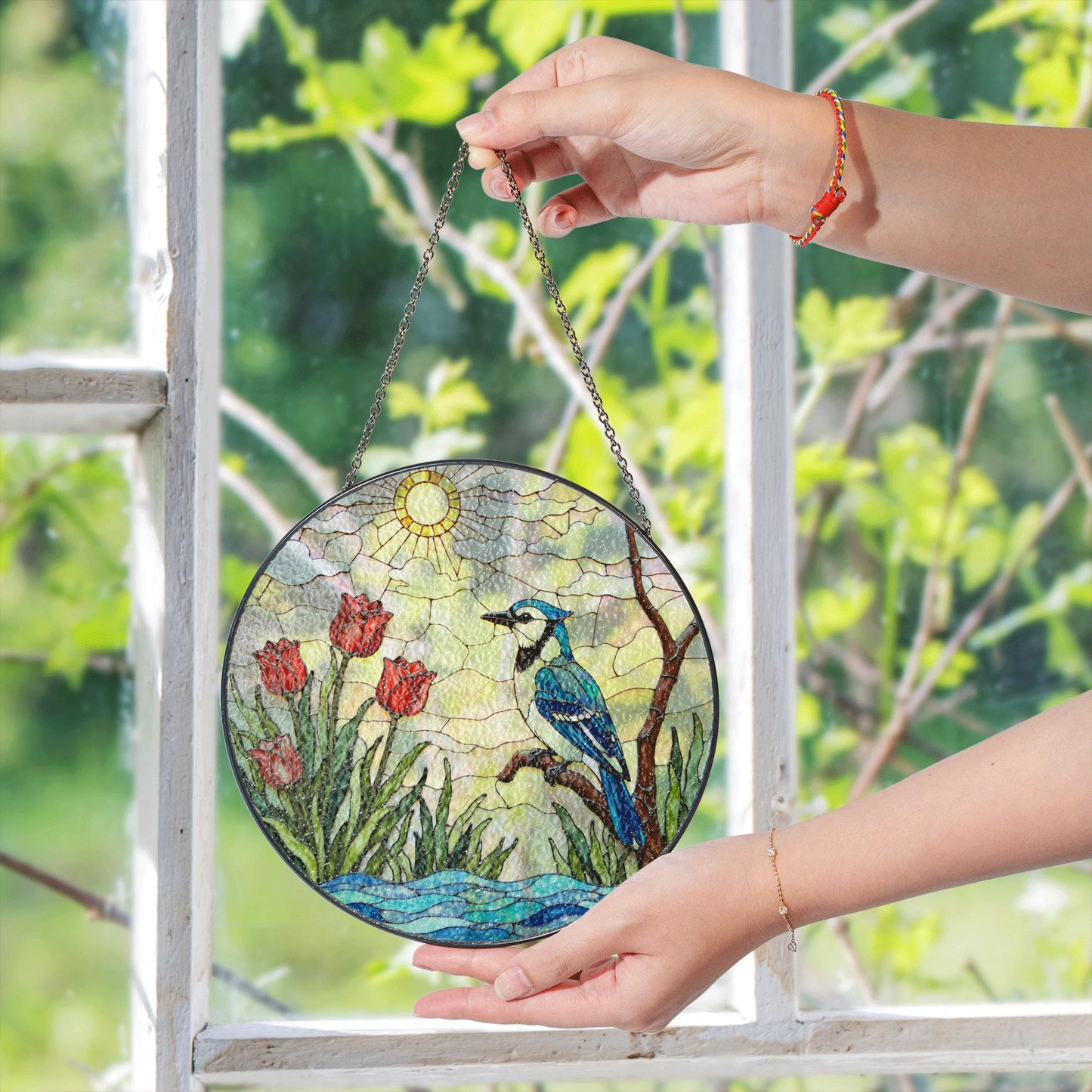 Blue jay red tulips stained glass suncatcher handmade window decor gift for bird lover friend