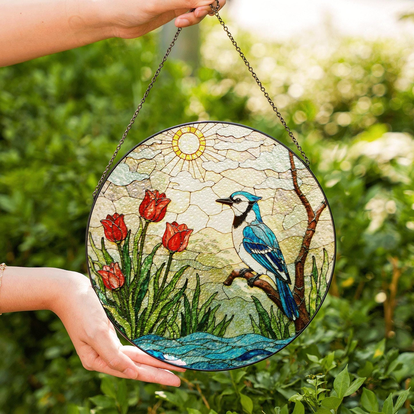 Blue jay red tulips stained glass suncatcher handmade window decor gift for bird lover friend