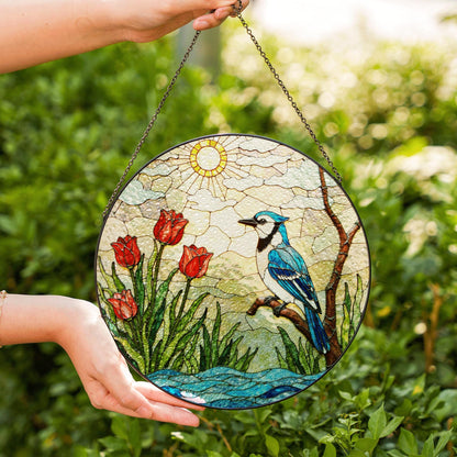 Blue jay red tulips stained glass suncatcher handmade window decor gift for bird lover friend