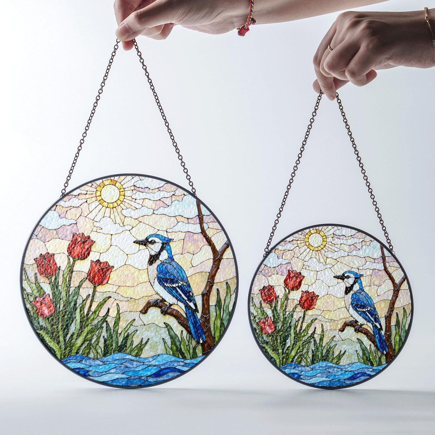 Blue jay red tulips stained glass suncatcher handmade window decor gift for bird lover friend