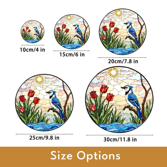 Blue jay red tulips stained glass suncatcher handmade window decor gift for bird lover friend