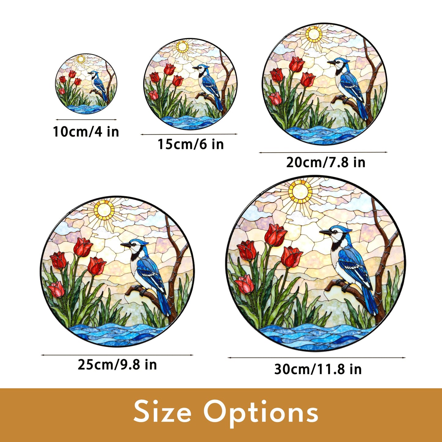 Blue jay red tulips stained glass suncatcher handmade window decor gift for bird lover friend