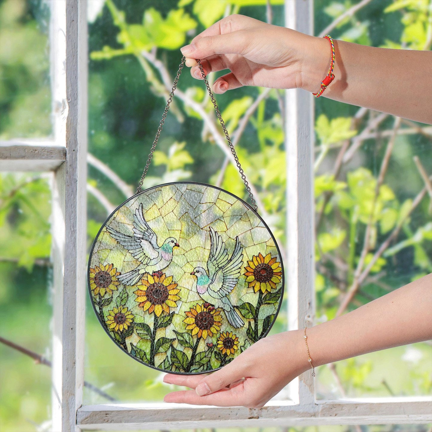 Sunflower Dove Art Round Stained Glass Window Sun Catcher Gift for Nature Lovers