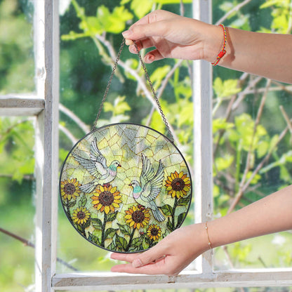 Sunflower Dove Art Round Stained Glass Window Sun Catcher Gift for Nature Lovers