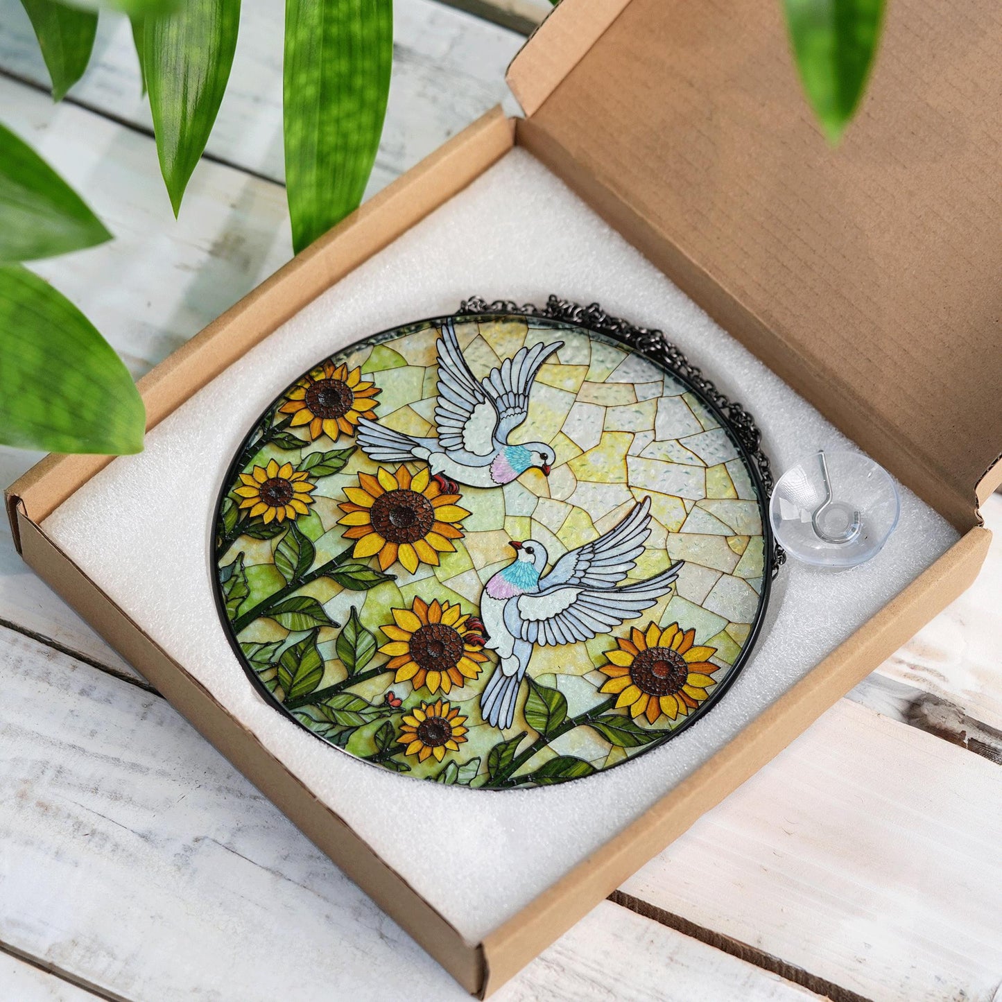 Sunflower Dove Art Round Stained Glass Window Sun Catcher Gift for Nature Lovers