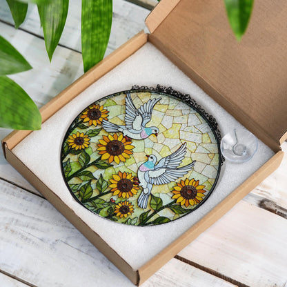 Sunflower Dove Art Round Stained Glass Window Sun Catcher Gift for Nature Lovers