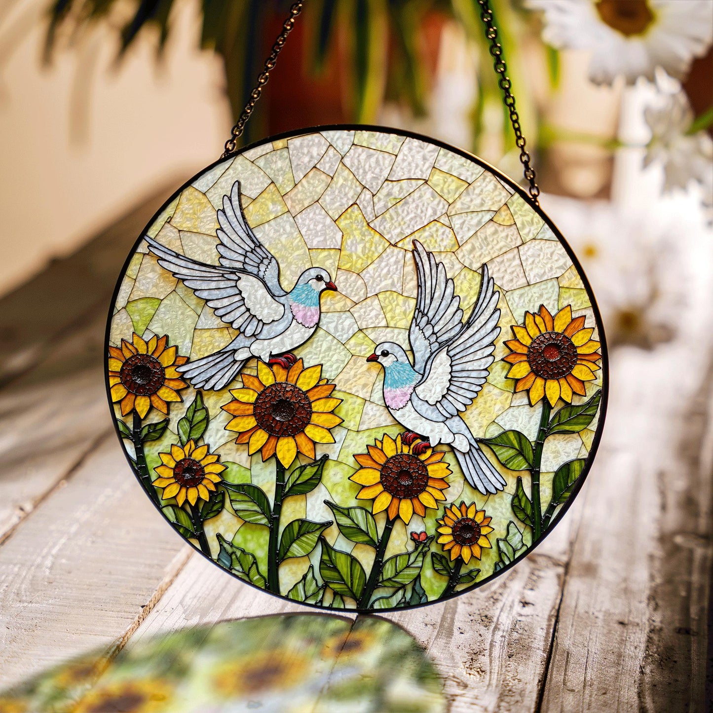 Sunflower Dove Art Round Stained Glass Window Sun Catcher Gift for Nature Lovers