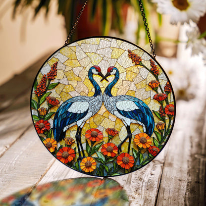 Two Cranes with Heart Shape Sun Catcher Stained Glass Window Decor Wedding Gift