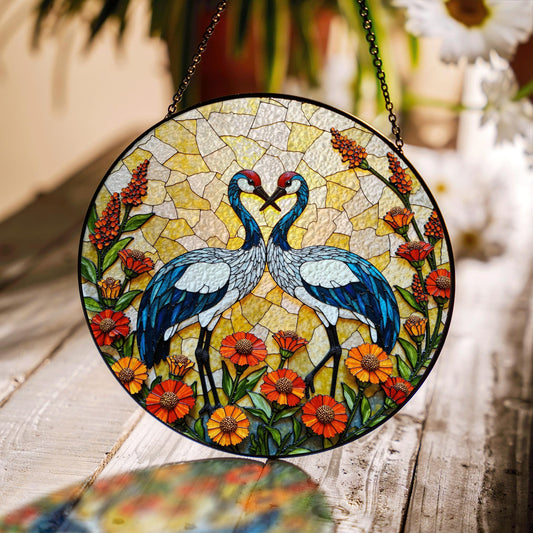 Two Cranes with Heart Shape Sun Catcher Stained Glass Window Decor Wedding Gift