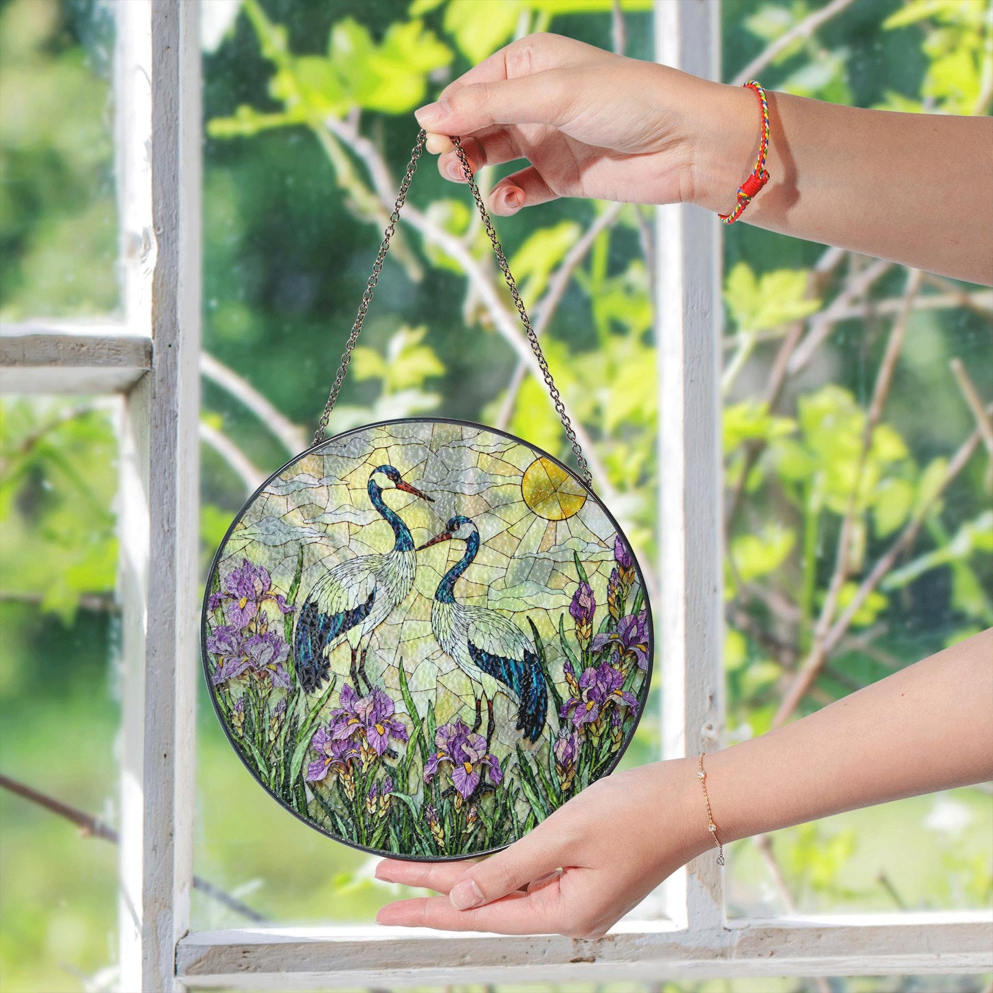 Crane and iris glass art round stained suncatcher window decor perfect gift for mom