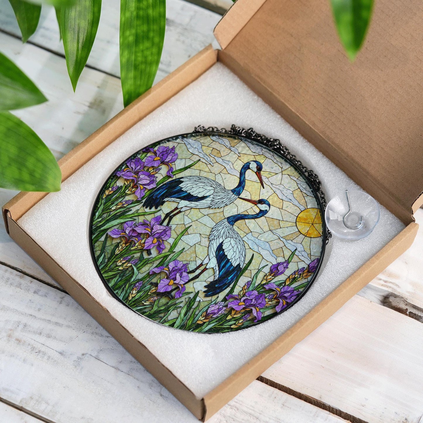 Crane and iris glass art round stained suncatcher window decor perfect gift for mom