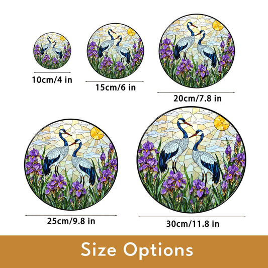 Crane and iris glass art round stained suncatcher window decor perfect gift for mom