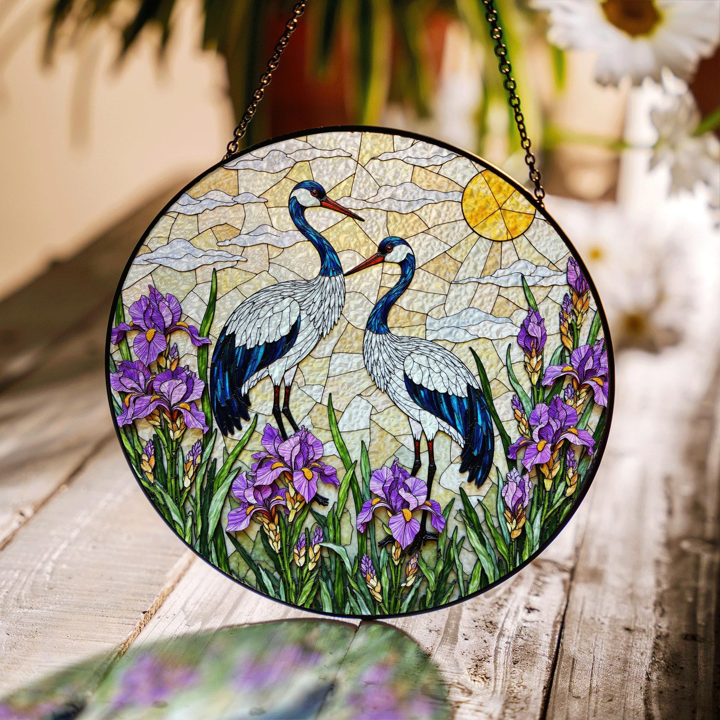 Crane and iris glass art round stained suncatcher window decor perfect gift for mom