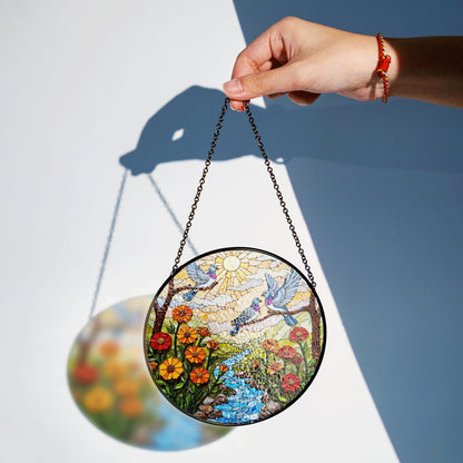 Bluebirds River Flowers Sun Catcher Window Hanging Garden Decor Gift for Bird Lovers