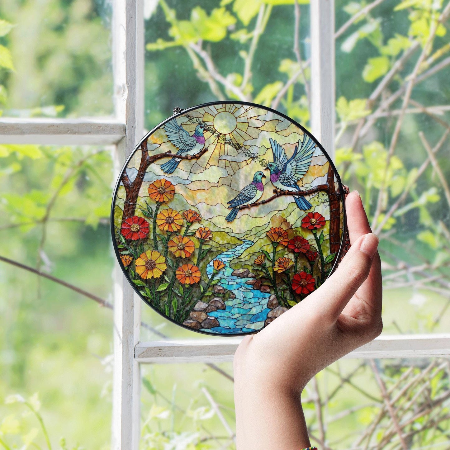 Bluebirds River Flowers Sun Catcher Window Hanging Garden Decor Gift for Bird Lovers