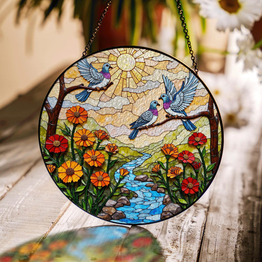 Bluebirds River Flowers Sun Catcher Window Hanging Garden Decor Gift for Bird Lovers