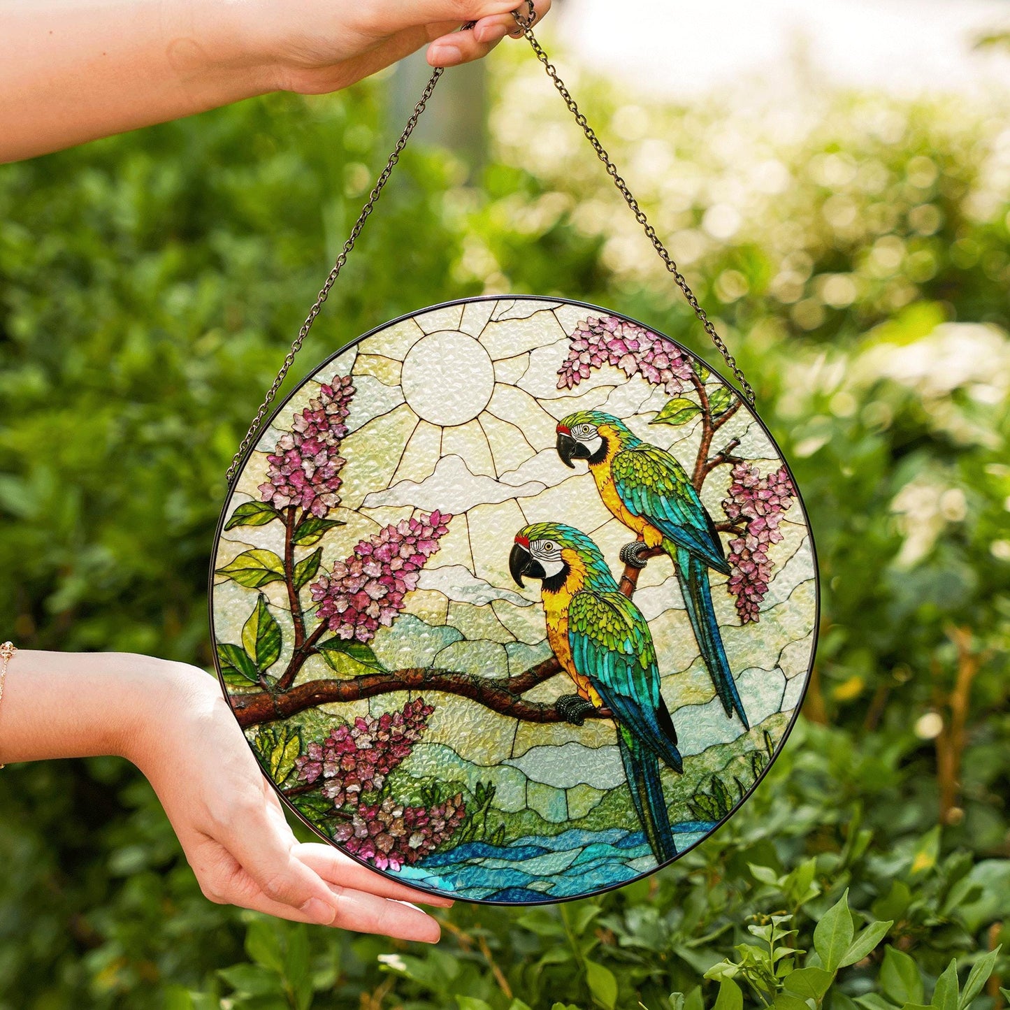 Blue Yellow Parrots Tropical Bird Stained Glass Window Hanging Gift for Bird Lovers