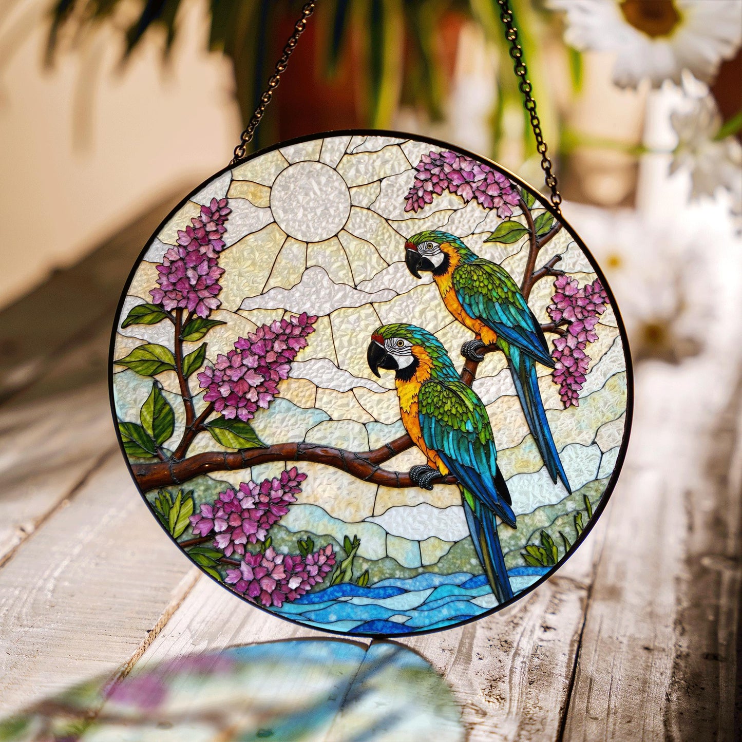 Blue Yellow Parrots Tropical Bird Stained Glass Window Hanging Gift for Bird Lovers