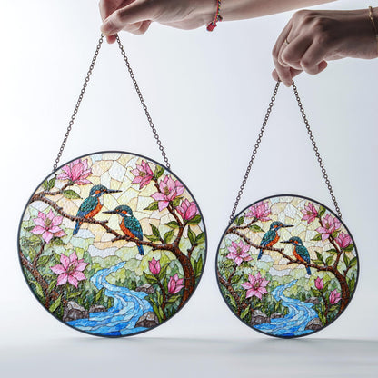 kingfishers on branch stained glass suncatcher bird window decor gift for bird lovers