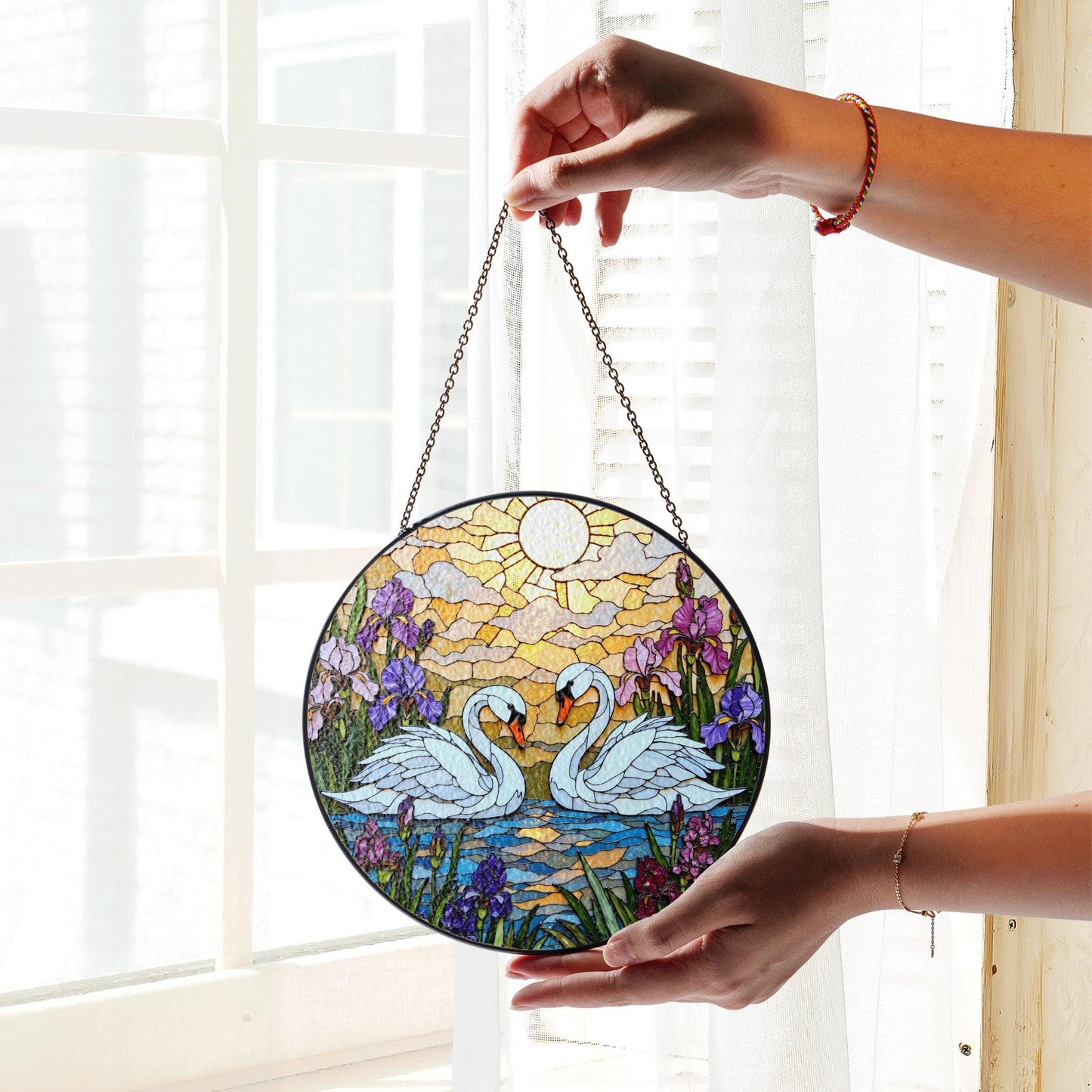 Romantic swan couple stained glass window decor love themed suncatcher gift for couples