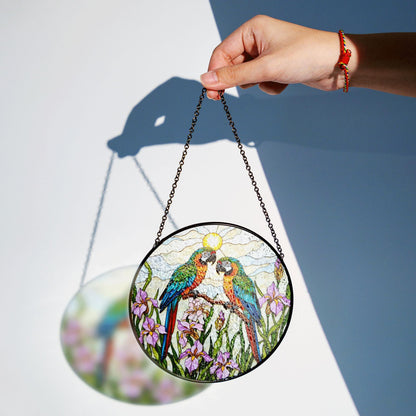 Colorful Parrots Stained Glass Round Window Hanging Macaw Suncatcher Gift for Bird Lover