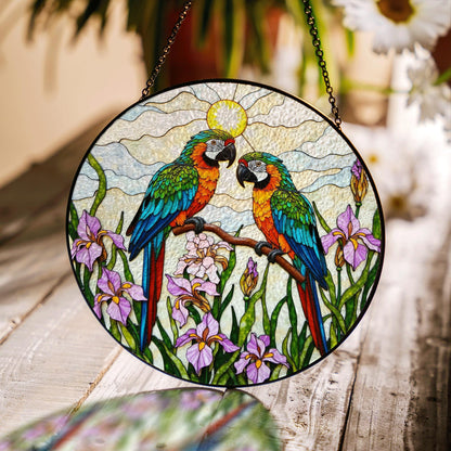 Colorful Parrots Stained Glass Round Window Hanging Macaw Suncatcher Gift for Bird Lover