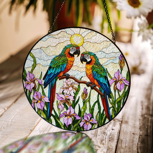 Colorful Parrots Stained Glass Round Window Hanging Macaw Suncatcher Gift for Bird Lover