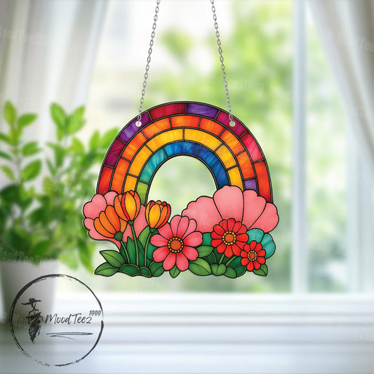 Rainbow Decor, Window Hanging, Floral Arch Art, Colorful Sun Catcher, Cheerful Room Accent, Bright Gift for Nature Lovers