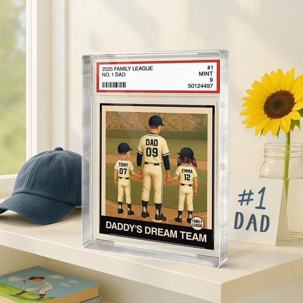 Baseball No. 1 Dad Man & Kids Trading Card Style Custom Figure Personalized Acrylic Block Plaque, Fathers Day Gifts for Husband, Dad, Papa