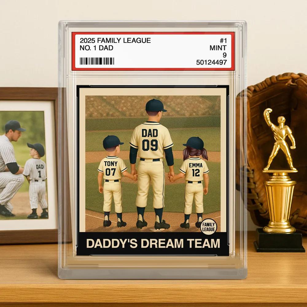 Baseball No. 1 Dad Man & Kids Trading Card Style Custom Figure Personalized Acrylic Block Plaque, Fathers Day Gifts for Husband, Dad, Papa