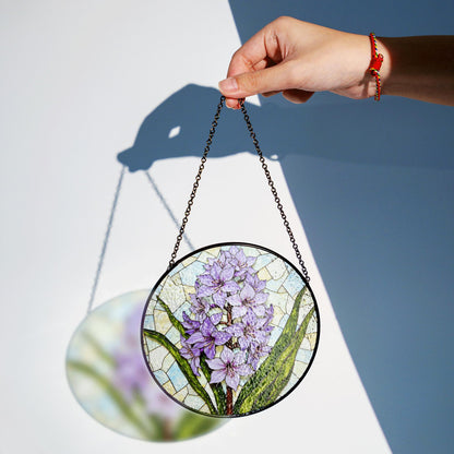 Purple hyacinth floral glass panel spring sunlight suncatcher unique decor gift for mom