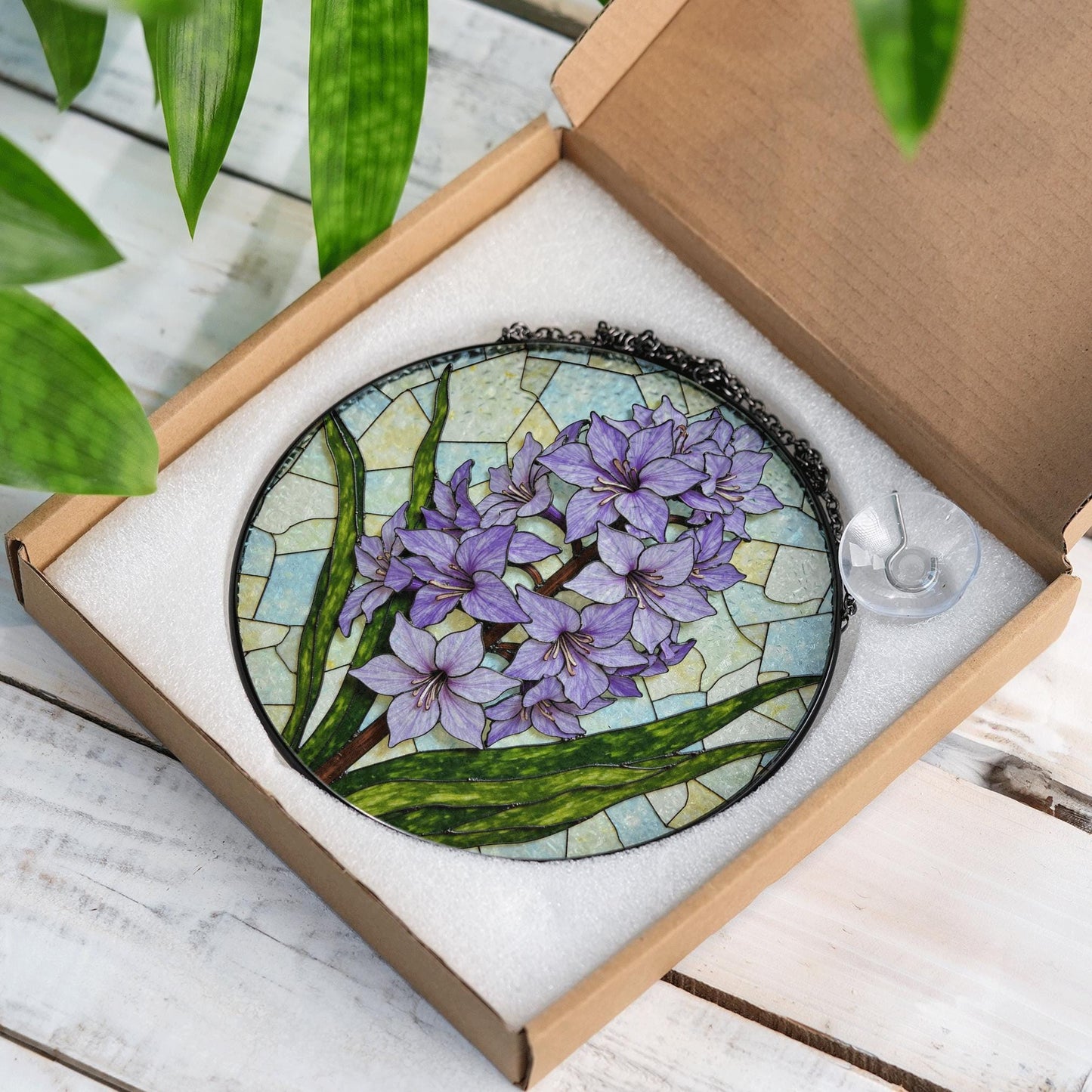 Purple hyacinth floral glass panel spring sunlight suncatcher unique decor gift for mom