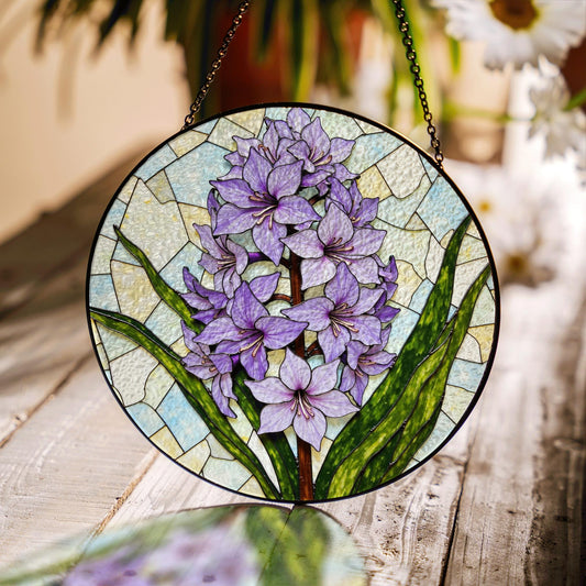 Purple hyacinth floral glass panel spring sunlight suncatcher unique decor gift for mom