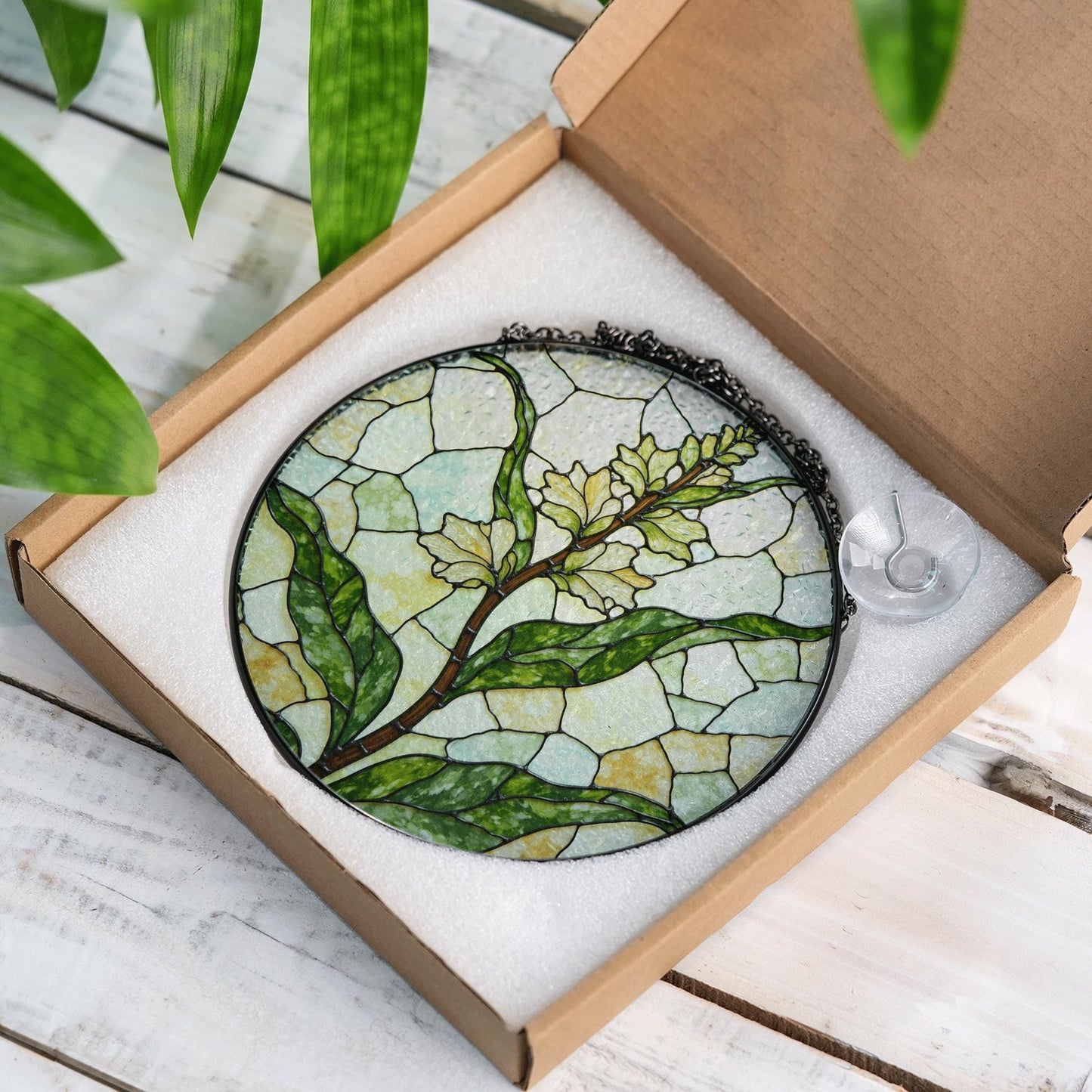 Stained glass lemongrass botanical panel garden suncatcher for plant lover gift