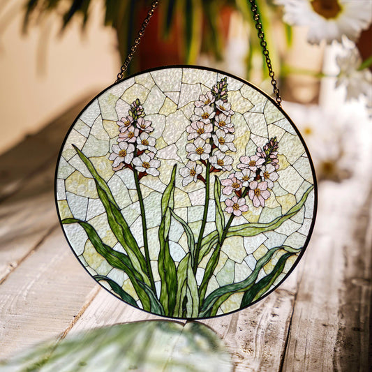 Wildflower stained glass garden art suncatcher round floral panel gift for plant lover