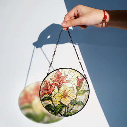 Red lilies and yellow hibiscus floral round stained glass suncatcher gift for garden lovers