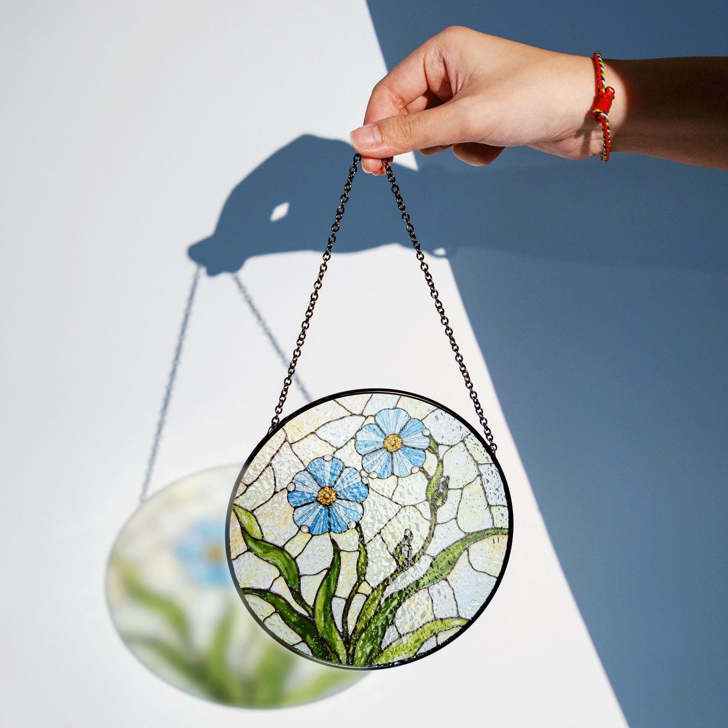 Blue Flower Stained Glass Round Panel Spring Garden Suncatcher Gift for Mom