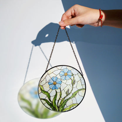 Blue Flower Stained Glass Round Panel Spring Garden Suncatcher Gift for Mom