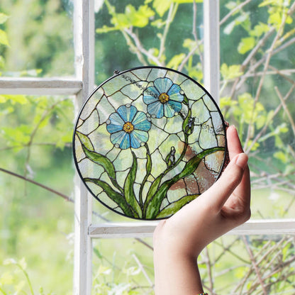 Blue Flower Stained Glass Round Panel Spring Garden Suncatcher Gift for Mom