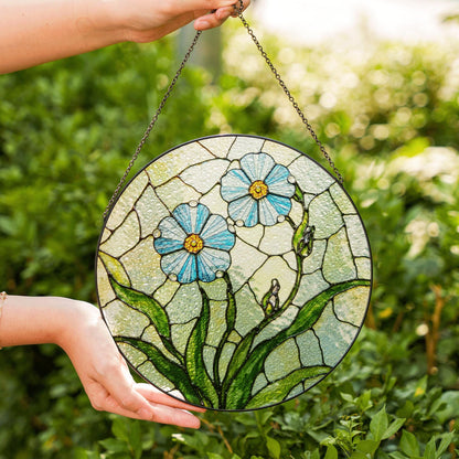 Blue Flower Stained Glass Round Panel Spring Garden Suncatcher Gift for Mom