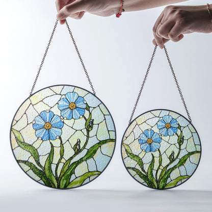 Blue Flower Stained Glass Round Panel Spring Garden Suncatcher Gift for Mom