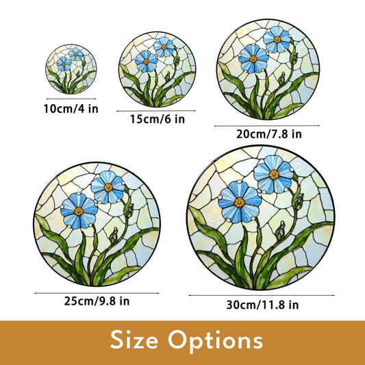 Blue Flower Stained Glass Round Panel Spring Garden Suncatcher Gift for Mom
